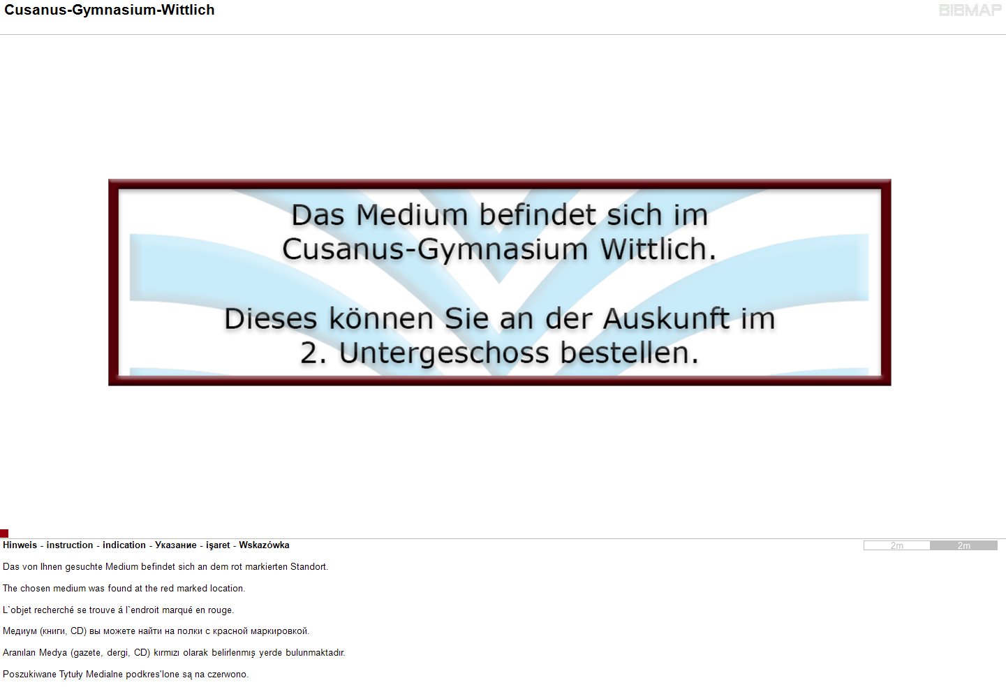 Bild zur Standortanzeige Hinweis - instruction - indication - ???????? - isaret - Wskazwka

Das von Ihnen gesuchte Medium befindet sich an dem rot markierten Standort.

The chosen medium was found at the red marked location.

L`objet recherch se trouve  l`endroit marqu en rouge.

?????? (?????, CD) ?? ?????? ????? ?? ????? ? ??????? ???????????.

Aranilan Medya (gazete, dergi, CD) kirmizi olarak belirlenmis yerde bulunmaktadir.

Poszukiwane Tytuly Medialne podkres'lone sa na czerwono.